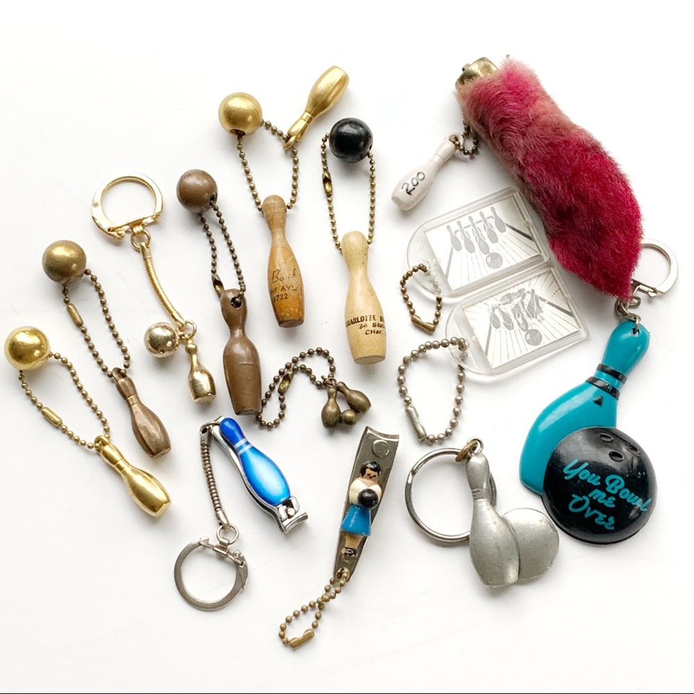 Vintage Brass-Wood-Pewter BOWLING Luck Keychains